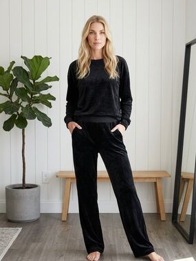 Rafaella Black Velvet Straight-Leg Lounge Pants